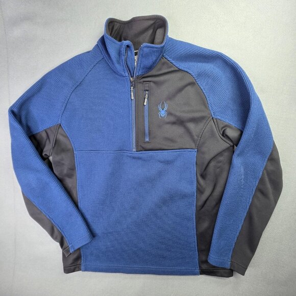 Spyder Pullover Mens Large Blue Black Half Zip Knit Sweater Pocket Ski Hiking - Picture 1 of 13